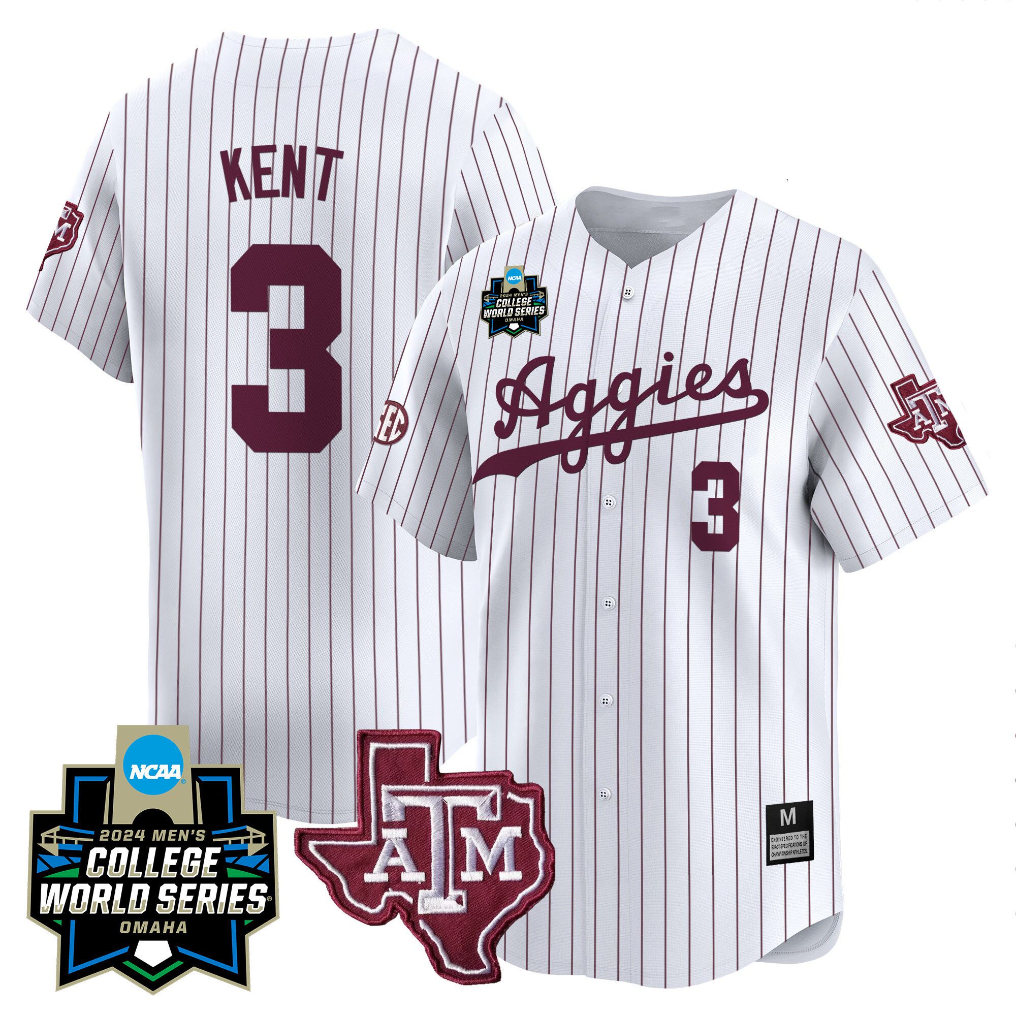 Men Texas A&M Aggies #3 Kent White Stripe 2024 College World Series Vapor Premier Limited NCAA Jersey